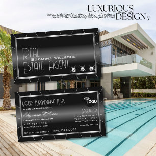 Carte De Visite Noble noir et blanc avec diamants et logo élégant