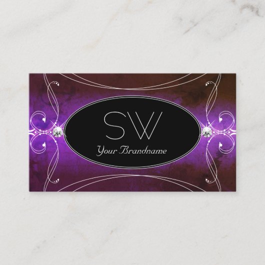 Carte De Visite Noble Noir Violet Orné Joyaux Étincelles Initiales (Devant)