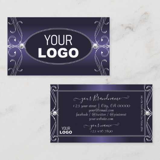 Carte De Visite Noble Ombre Bleu Ornate Sparkle Diamonds avec logo (Devant / Derrière)