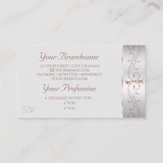 Carte De Visite Noble Rose Argent Ornate Sparkle Diamonds Initiale (Dos)