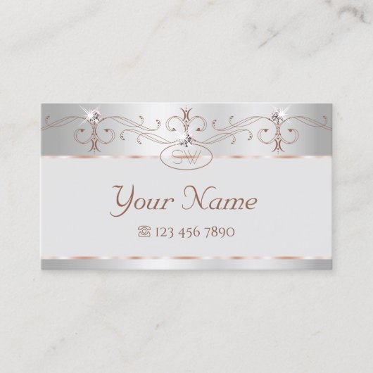 Carte De Visite Noble Rose Argent Ornate Sparkle Diamonds Initiale (Devant)