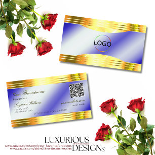 Carte De Visite Noble Royal Blue Shiny Gold Borders Logo QR Code