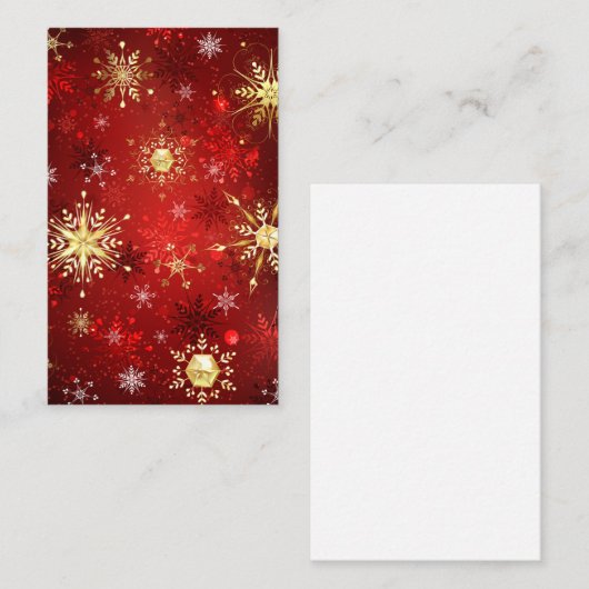 Carte De Visite Noël Golden Snowflakes sur Arrière - plan rouge (Devant / Derrière)
