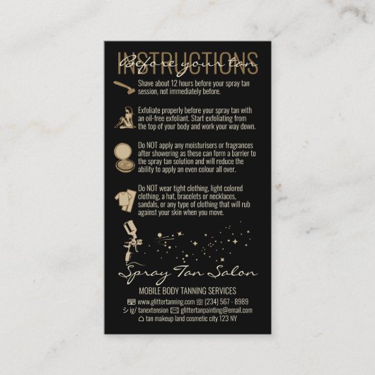 Carte De Visite Noir avant l'enseignement post-soin Spray Tan (Devant)