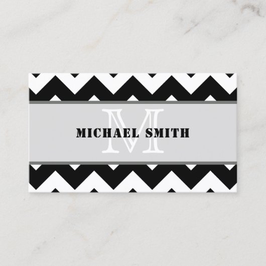 Carte De Visite Noir Blanc Chevron Zigzag Monogramme #2 (Devant)