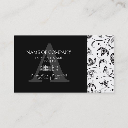 Carte De Visite Noir Blanc Design élégant Floral Damask Monogramme (Devant)