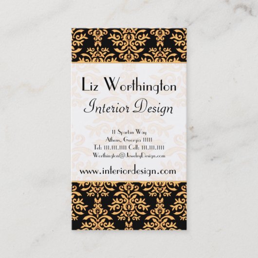 Carte De Visite Noir, blanc et damassé dorée royale d'or (Devant)
