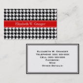 Carte De Visite Noir Blanc Houndstooth Nom rouge Monogramme (Devant / Derrière)
