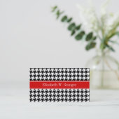 Carte De Visite Noir Blanc Houndstooth Nom rouge Monogramme (Debout devant)