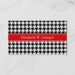 Carte De Visite Noir Blanc Houndstooth Nom rouge Monogramme