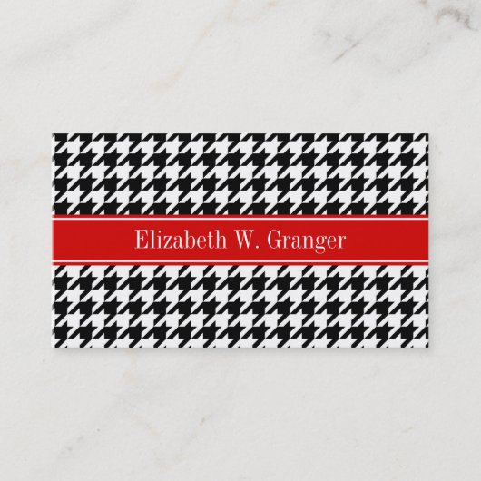 Carte De Visite Noir Blanc Houndstooth Nom rouge Monogramme (Devant)