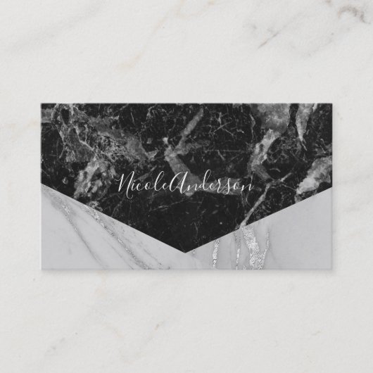 Carte De Visite Noir blanc & Marbre Argent Moderne Glam tendance (Devant)