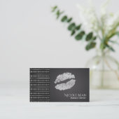 Carte De Visite Noir & Blanc Moderne Faux Lèvres Argent Beauté (Debout devant)