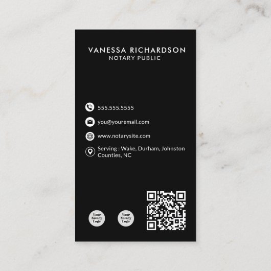 Carte De Visite Noir & Blanc moderne Notaire photo verticale Code  (Dos)