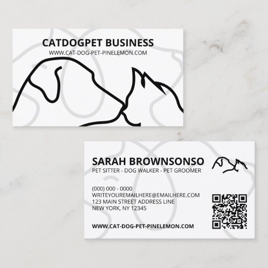 Carte De Visite Noir Blanc Qr Code Logo Chiens Chiens Chats Animau (Devant / Derrière)