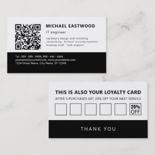 Carte De Visite Noir Blanc Simple QR Code 2 en 1 Fidélité et
