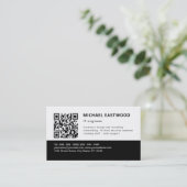 Carte De Visite Noir Blanc Simple QR Code 2 en 1 Fidélité et (Debout devant)