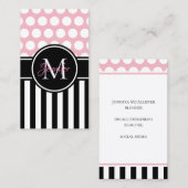 Carte De Visite Noir Blanc Stripe Polka Dot Pale Rose Monogramme (Devant / Derrière)