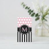 Carte De Visite Noir Blanc Stripe Polka Dot Pale Rose Monogramme (Debout devant)