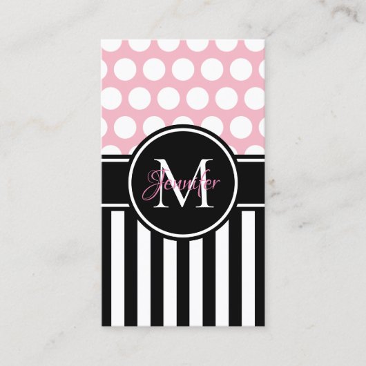 Carte De Visite Noir Blanc Stripe Polka Dot Pale Rose Monogramme (Devant)