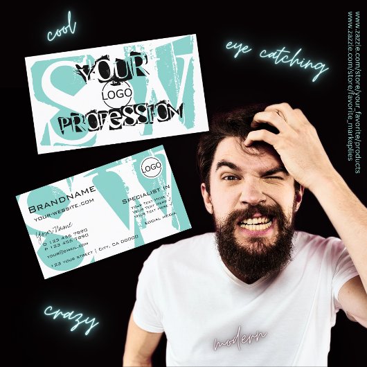 Carte De Visite Noir blanc Turquoise moderne avec logo et monogram