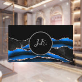 Carte De Visite Noir Bleu Argent Initiales Agate Glam Marbre