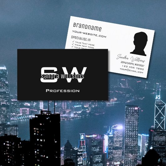 Carte De Visite Noir classique Blanc moderne avec Monogramme et ph