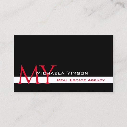 Carte De Visite Noir classique et blanc avec Initiales Professionn (Devant)