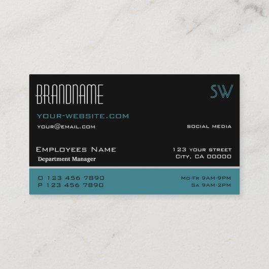 Carte De Visite Noir classique Turquoise et blanc simple avec Mono (Dos)