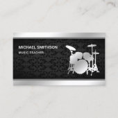 Carte De Visite Noir Damask Music enseignant Silver Drummer Kit (Devant)