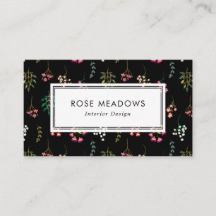 Carte De Visite Noir de motif de fleurs sauvages de Boho