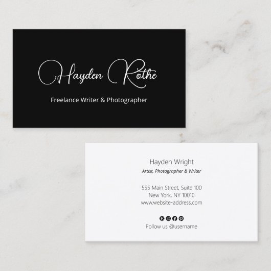 Carte de visite noir de script de signature simple (Devant / Derrière)