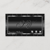 Carte De Visite Noir et blanc élégant avec diamants et monogramme (Devant)