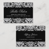 Carte De Visite Noir et blanc Élégant Damas Floral (Devant / Derrière)