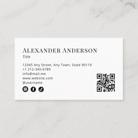 Carte De Visite Noir et blanc minimum Ajouter votre logo Code QR (Dos)