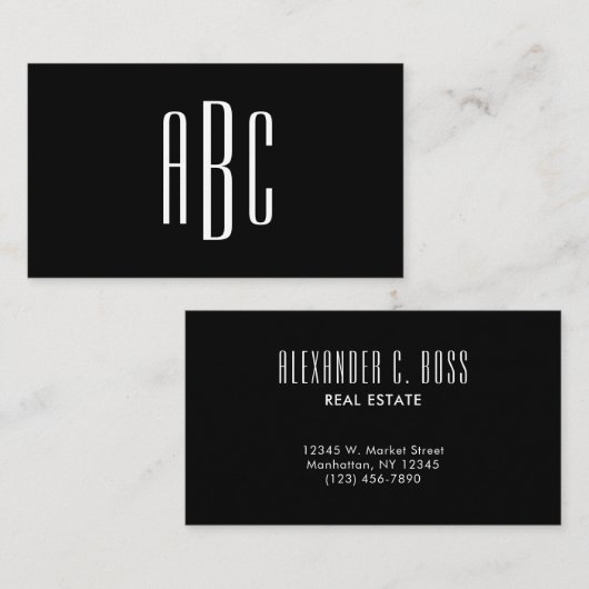 Carte De Visite Noir et blanc Simple à trois lettres Monogramme (Devant / Derrière)