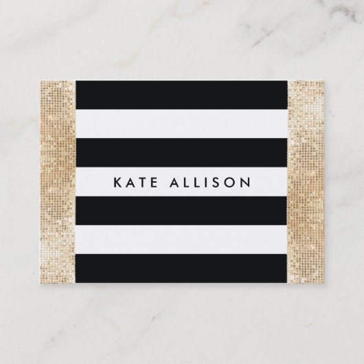 Carte De Visite Noir et blanc strié FAUX Gold Sequin Beauté (Devant)