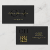 Carte De Visite Noir et or moderne Script QR Code Monogramme (Devant / Derrière)