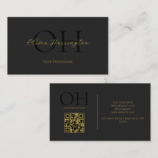 Carte De Visite Noir et or moderne Script QR Code Monogramme (Devant / Derrière)