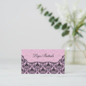 Carte De Visite Noir et rose Elegant Retro Floral Damask (Debout devant)