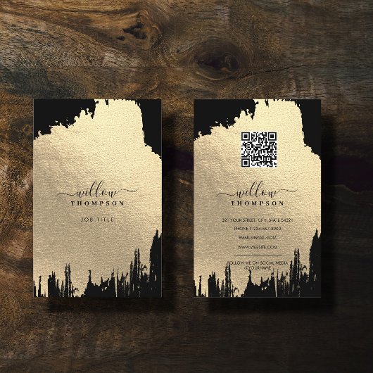Carte De Visite Noir et Rose Gold Brush Stroke Code QR