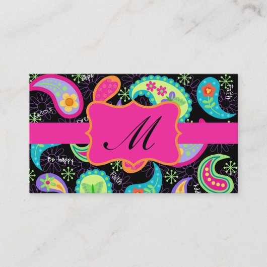 Carte De Visite Noir Fuchsia rose moderne Motif Monogramme (Devant)