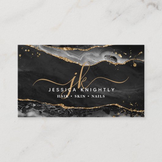 Carte De Visite Noir Géode Monogramme Or Script (Devant)
