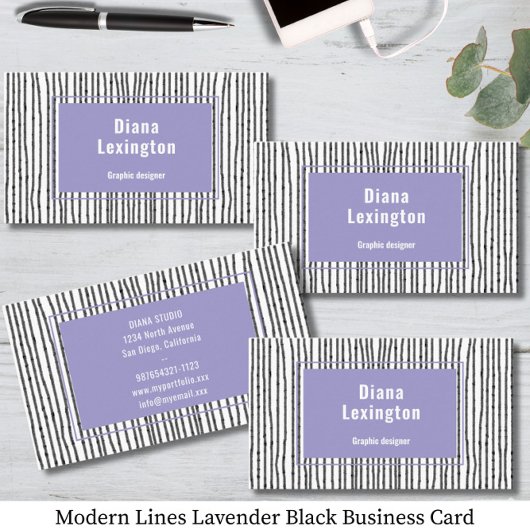 Carte de visite noir Lavender Lignes modernes