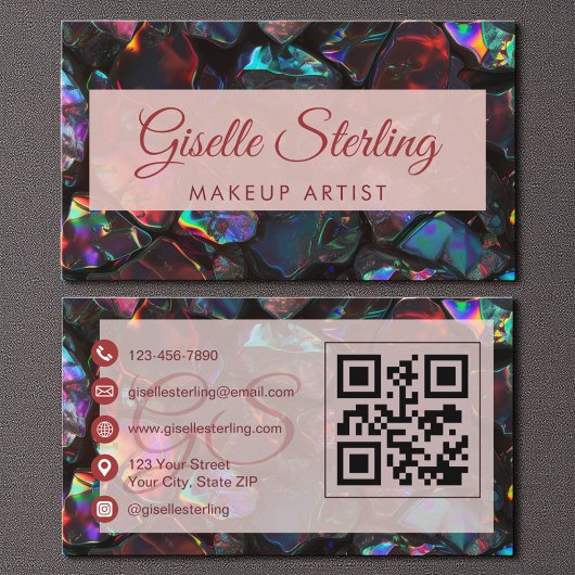 Carte De Visite Noir maquillage Artiste Opal Gemstone QR Code