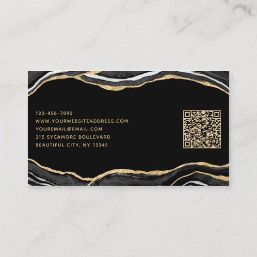 Carte De Visite Noir Marbre Agate Or Parties scintillant QR Code (Dos)