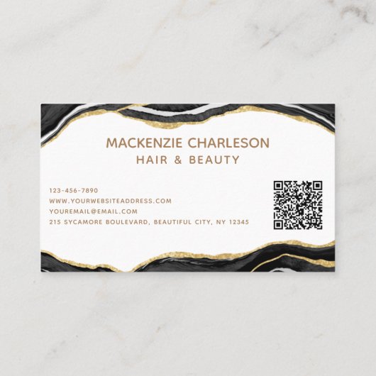 Carte De Visite Noir Marbre Agate Or Parties scintillant QR Code (Dos)