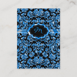 Carte De Visite Noir & Métallic Bleu Floral Damas Monogramme