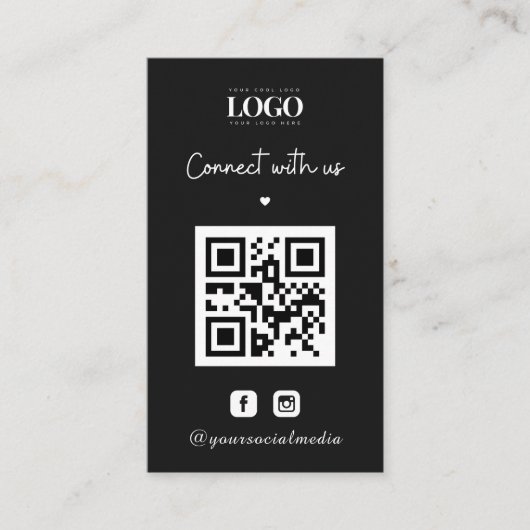 Carte De Visite Noir minimal personnalisé Coeur de logo QR Code In (Devant)