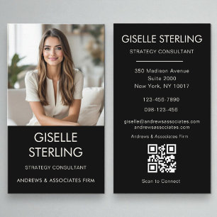Carte De Visite Noir minimaliste photo QR Code moderne